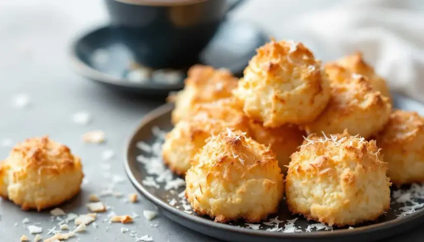 Une assiette de rochers coco dorés, parsemés de copeaux de noix de coco, avec une tasse de café en arrière-plan.
