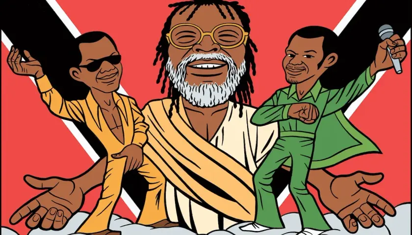 Trzej artyści w stylu calipso na tle flagi Trynidadu i Tobago.