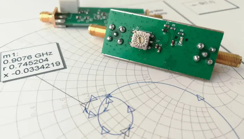 Elektroniczne moduły z pozłacanymi złączami leżą na wykresie Smitha, analizującym impedancję.