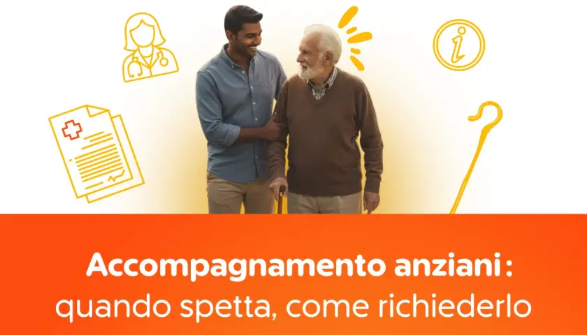 Un giovane aiuta un anziano a camminare. Icone di un medico, documenti e un bastone da passeggio suggeriscono come capire se è stato riconosciuto l'accompagnamento.