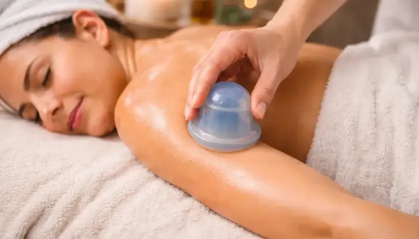Relaks po masażu bańką chińską. Kobieta leży na ręczniku, a jej plecy są masowane.