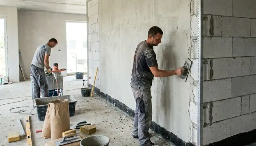 Pracownicy nakładają tynk na ścianę z bloczków. W tle widać mieszadło do zaprawy i worki z materiałem.