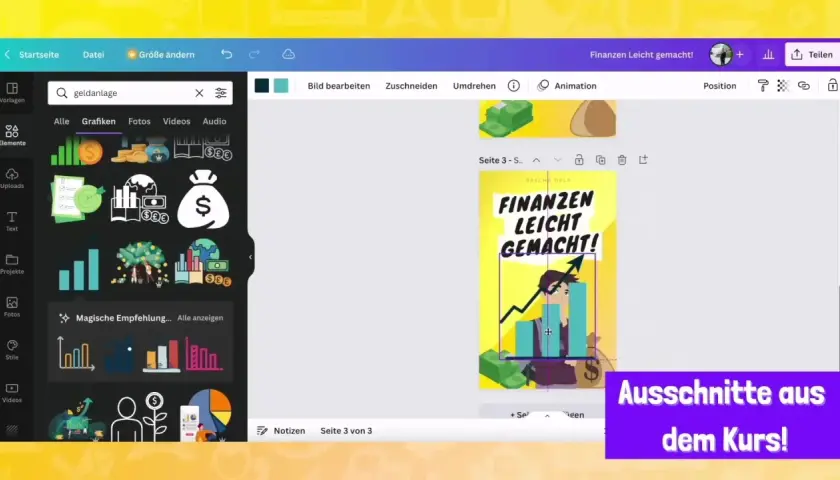 Canva-Design mit Finanz-Grafiken. Suche nach "geldanlage" für Inspiration, um "Finanzen leicht gemacht!" zu gestalten.