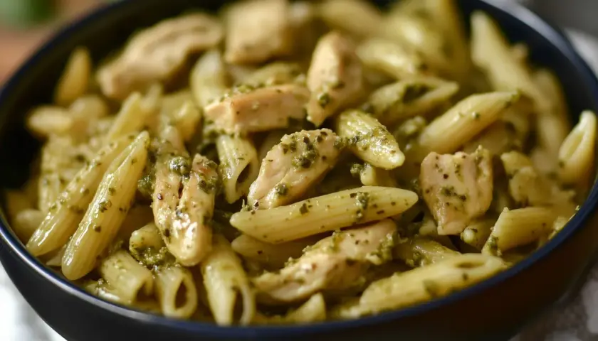 Penne z kurczakiem w sosie pesto. Aromatyczne danie, które zachwyci każdego miłośnika włoskich smaków.