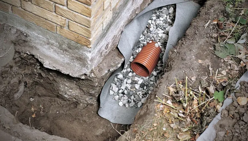 Drainage für ein Haus: Ein Drainagerohr liegt in Kies, umgeben von Vlies, neben dem Fundament.