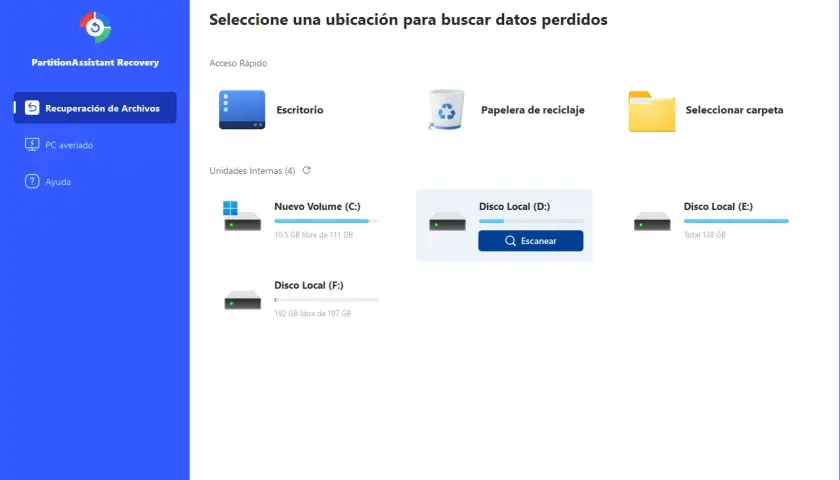 Interfaz de PartitionAssistant Recovery para recuperar archivos borrados. Permite elegir entre Escritorio, Papelera, carpeta o discos locales (C:, D:, E:, F:).