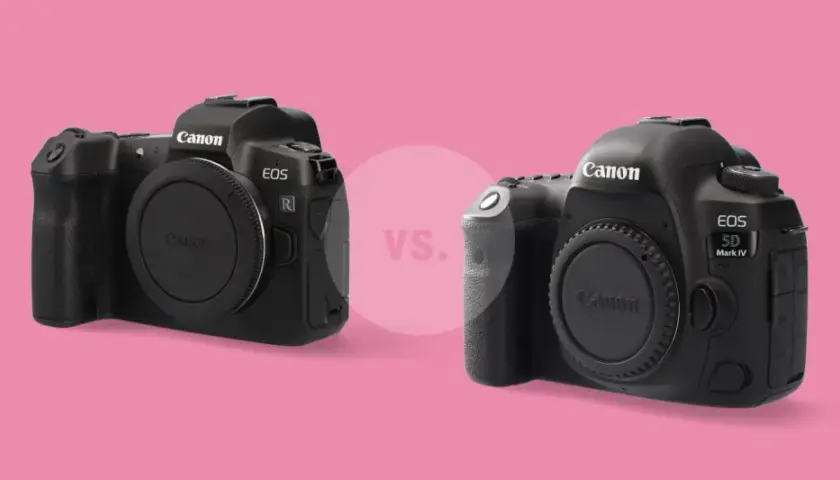Dwie lustrzanki Canon EOS R i EOS 5D Mark IV, idealne do nagrywania filmów 4K, na różowym tle.