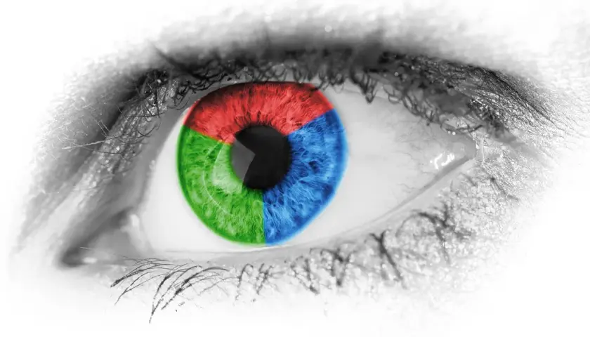 Occhio con iride divisa in settori rosso, verde e blu colore primario. Ciglia nere su sfondo bianco.