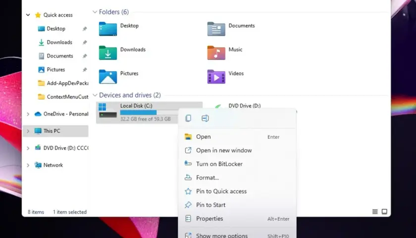 Menu kontekstowe dysku C w Windows 11. Kliknij "Pokaż więcej opcji Windows 11", aby zobaczyć wszystkie możliwości.