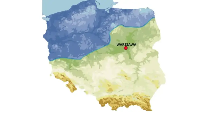 Mapa Polski z zaznaczonym zasięgiem zlodowacenia północnopolskiego (Wisły). Warszawa oznaczona czerwonym punktem.