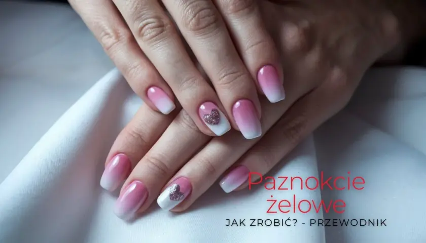 Dłonie z paznokciami w stylu ombre, z różowym gradientem i błyszczącymi serduszkami. Idealne uzupełnienie hybrydy.