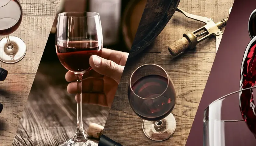 Calici di vino rosso, tappi di sughero e cavatappi su tavoli di legno. Un'ode a i vini più pregiati d'Italia.