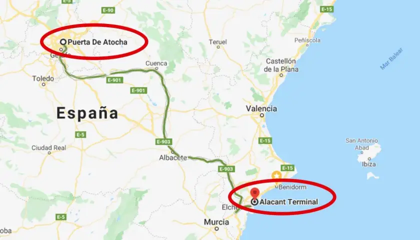 Mapa de España mostrando la ruta del tren AVE Madrid-Benidorm, desde Puerta de Atocha hasta Alacant Terminal.