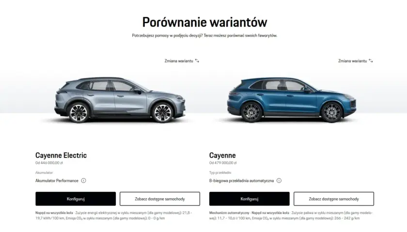 Porównanie Porsche Cayenne Electric i Cayenne. Elektryczny wariant ma szary lakier, spalinowy niebieski.