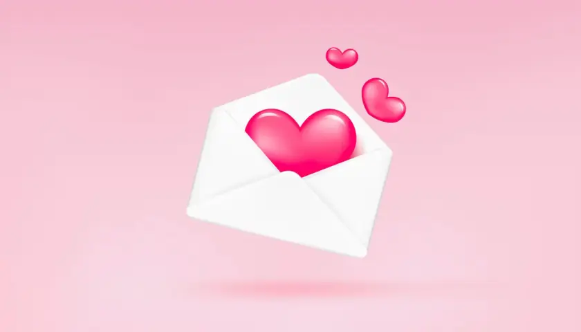 Un cuore rosa brillante esce da una busta bianca, come un messaggio speciale per il mio san valentino in inglese.