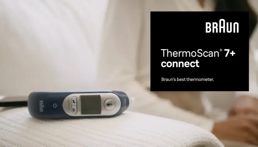 Braun ThermoScan 7+ connect, en örontermometer för snabb och exakt temperaturmätning.