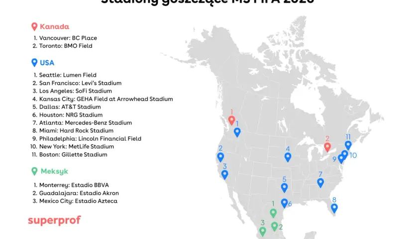 Mapa USA, Kanady i Meksyku z zaznaczonymi stadionami MŚ FIFA 2026. Gospodarze mistrzostw świata w piłce nożnej gotowi na emocje!