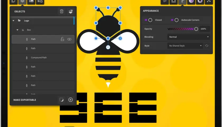 Projekt logo pszczoły w CorelDRAW, z panelami obiektów i wyglądu. Wieczysta licencja CorelDRAW zapewnia swobodę twórczą.