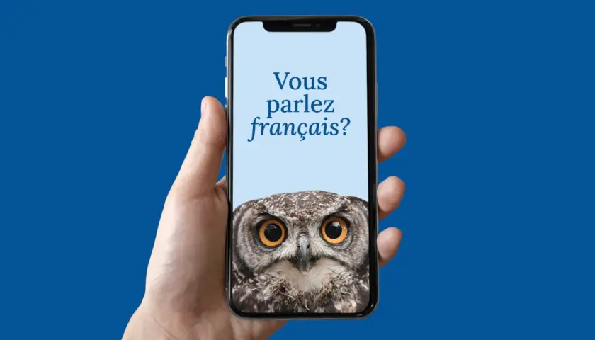 Darmowe aplikacje do nauki francuskiego? Sowa na ekranie telefonu pyta "Vous parlez français?".