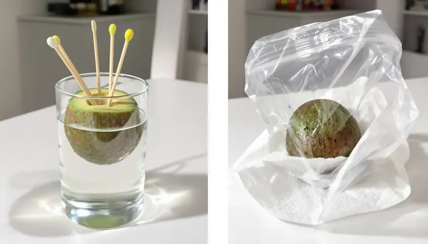 Deux étapes pour faire pousser un avocat : un noyau dans l'eau avec des cure-dents, puis dans un sac plastique avec du papier absorbant.