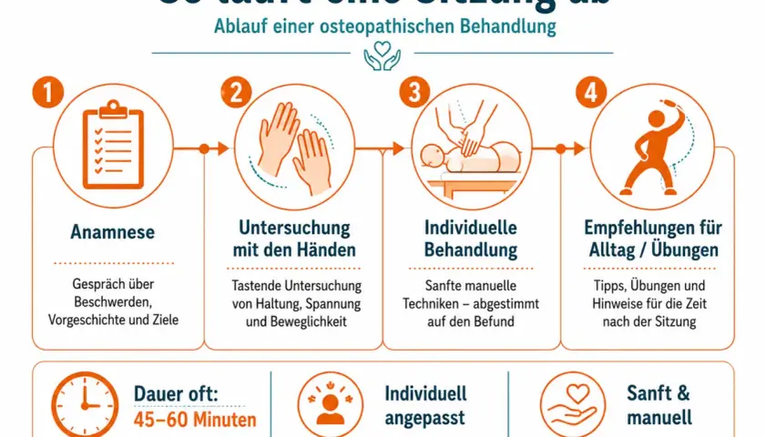Beim ersten Mal: Anamnese, Untersuchung mit Händen, individuelle Behandlung & Empfehlungen. Osteopathie ist sanft & manuell.