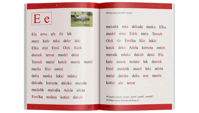Strona z podręcznika z literą "E", zdjęciem emu i listą słów do nauki.