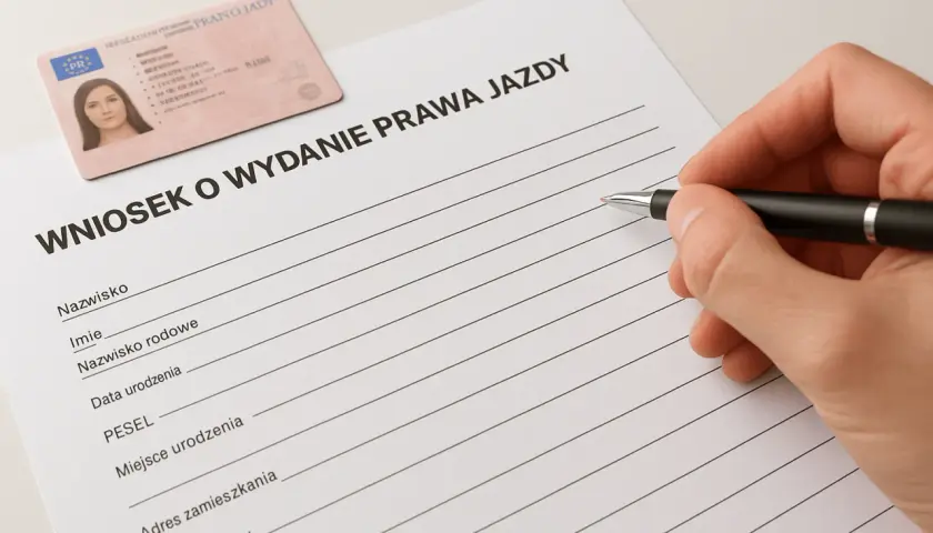 Dłoń z długopisem wypełnia wniosek o wydanie prawa jazdy. Obok leży nowe prawo jazdy.