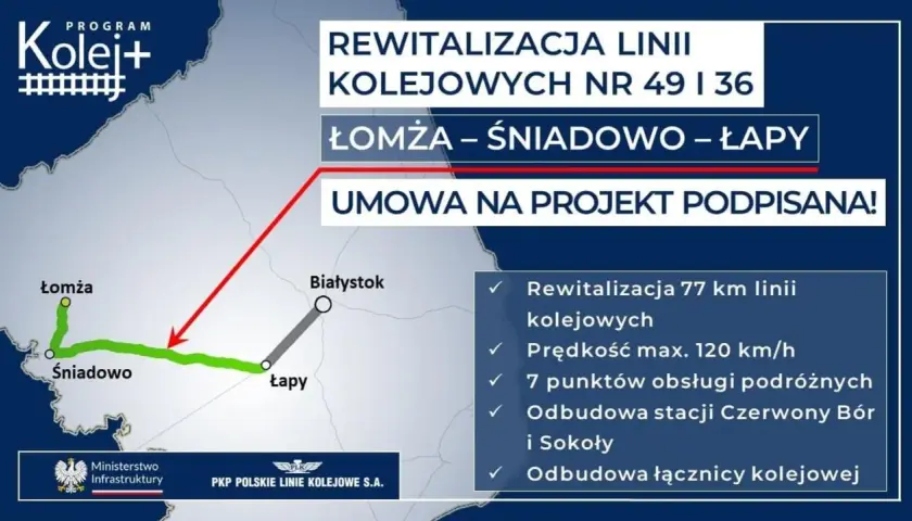 Mapa pokazuje rewitalizację linii kolejowych nr 49 i 36 na trasie Łomża – Śniadowo – Łapy. Umowa na projekt podpisana!