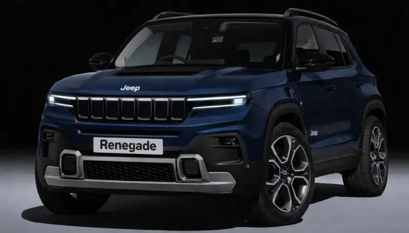 Nuova Jeep Renegade 2026 blu scuro, con fari a LED affilati e griglia iconica. Un'anteprima del futuro dell'avventura.