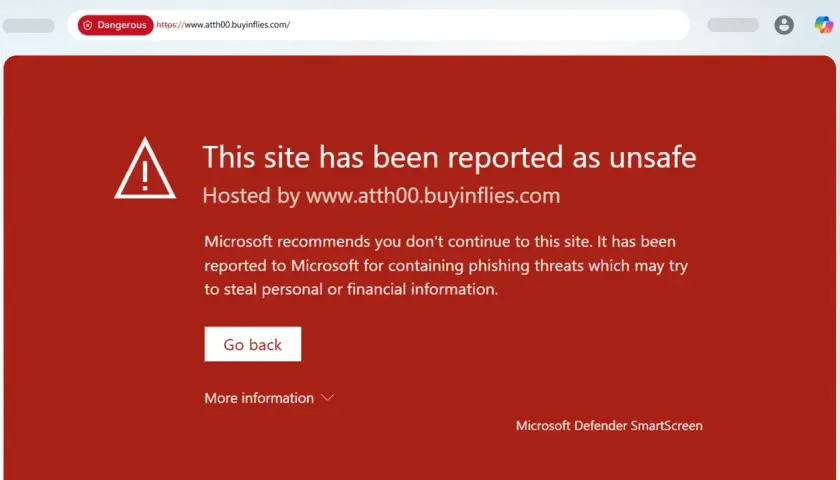 Alerte Microsoft Defender SmartScreen : ce site est dangereux et signalé comme non sûr, potentiellement pour du phishing.
