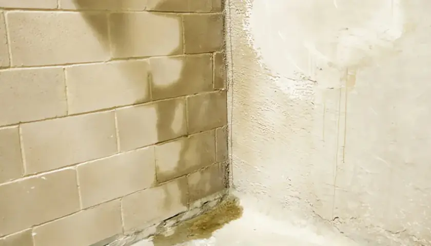 Feuchte Flecken und Pfützen zeigen, dass Wasser durch das Mauerwerk im Keller dringt.