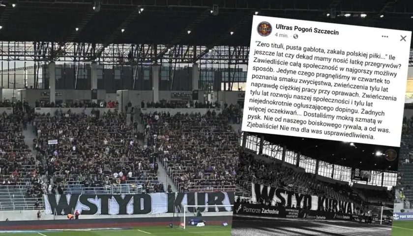 Trybuna kibiców Pogoni Szczecin z transparentem "WSTYD KURWA".