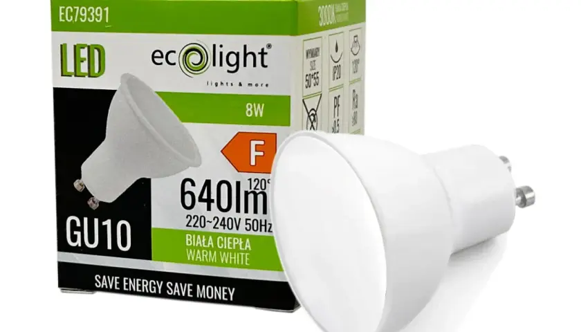 Żarówka LED GU10 8W ecolight, biała ciepła, 640lm. Czy 8W led ile to wat? To energooszczędne rozwiązanie.
