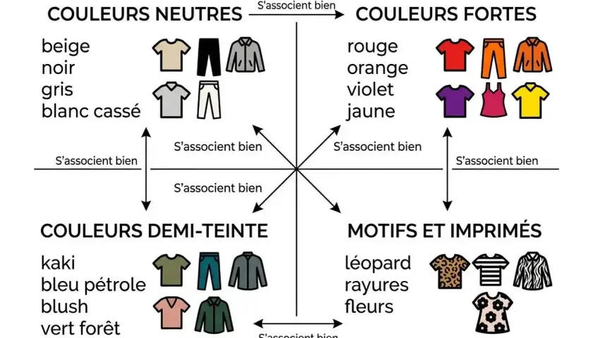 Guide des associations de couleur vêtement : neutres, fortes, demi-teintes et motifs.