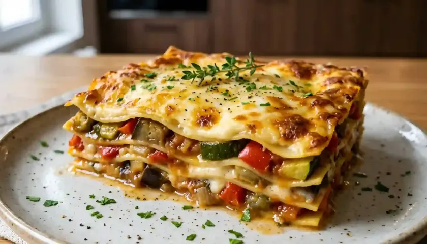 Une généreuse part de lasagne végétarienne, garnie de fromage doré et de légumes colorés, prête à être dégustée.