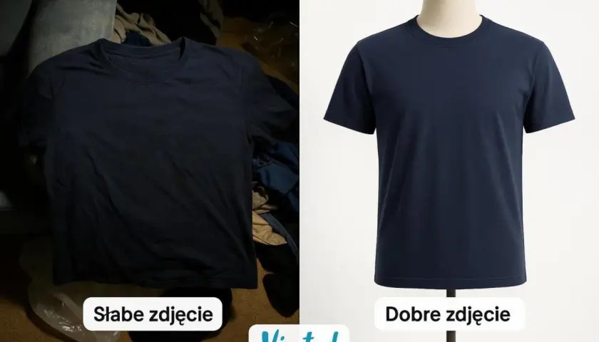 Porównanie zdjęć koszulki: słabe zdjęcie w tle, dobre zdjęcie na manekinie. Algorytm Vinted doceni lepszą prezentację.