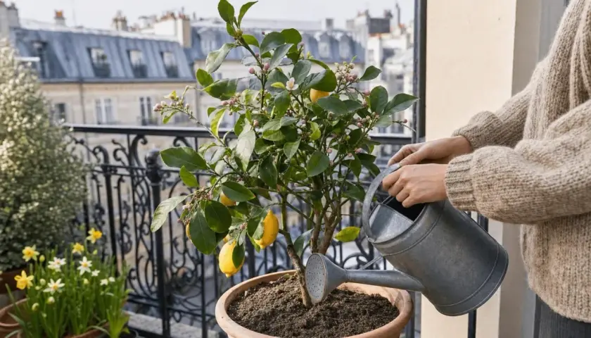 Arrosage d'un citronnier en pot sur un balcon parisien, avec des citrons mûrs et des fleurs en bouton.