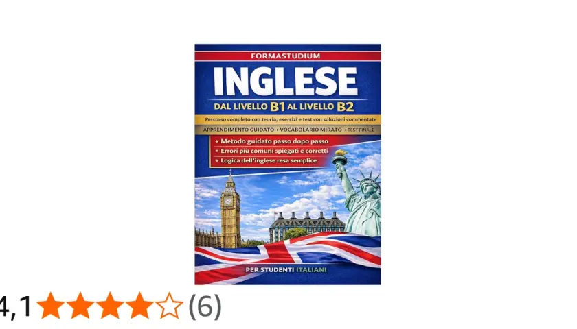 Copertina libro "Inglese B1-B2" per studenti italiani, con icone di Londra e New York. Offre metodo guidato, errori comuni e logica dell'inglese.