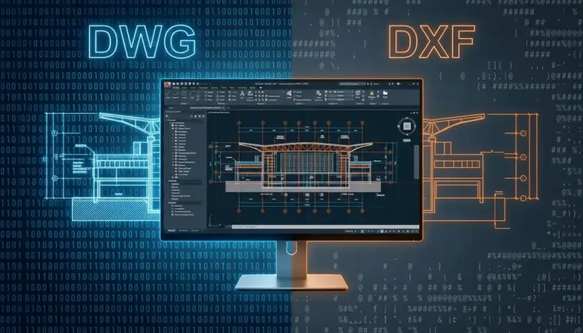 DWG i DXF – formaty plików CAD. Na ekranie monitora widać projekt architektoniczny, a tło tworzy kod binarny i symbole.