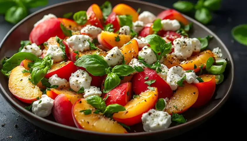 Pfirsich-Mozzarella-Salat mit Basilikum und Pfeffer auf einem Teller.