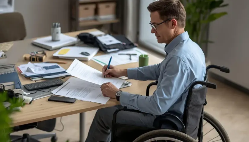Mężczyzna na wózku inwalidzkim wypełnia dokumenty, przygotowując wniosek o świadczenie wspierające.