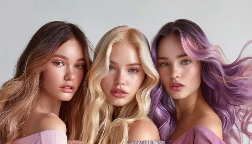 Tre unga kvinnor med fantastiskt hår. En med brunt ombre, en med blont och en med lila och rosa slingor. Allt hår är färgat med only love hårfärg.