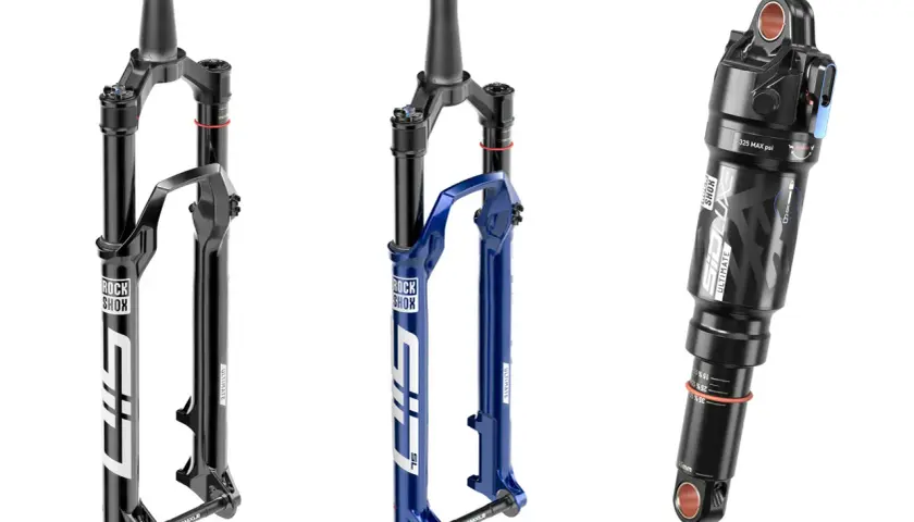 RockShox SID SL Ultimate suspension fork in black and blue, and a matching black rear shock.