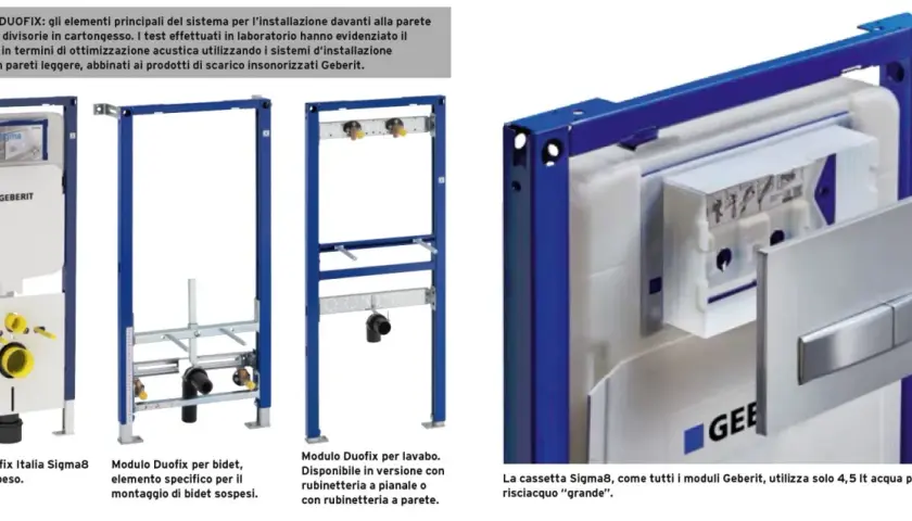 Moduli Geberit Duofix per installazione a parete o in cartongesso. La cassetta Sigma8, con il suo meccanismo di scarico, garantisce un ridotto rumore cassetta wc.