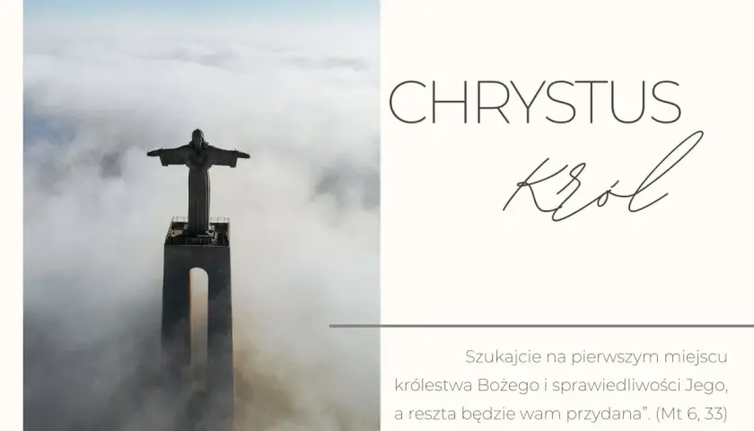 Pomnik Chrystusa Króla wynurzający się z chmur. Cytat: "Szukajcie na pierwszym miejscu królestwa Bożego".