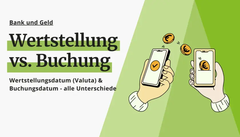 Hände halten Smartphones, Euro-Münzen fliegen. Die Grafik erklärt, was Wertstellungsdatum (Valuta) und Buchungsdatum bedeuten und ihre Unterschiede.