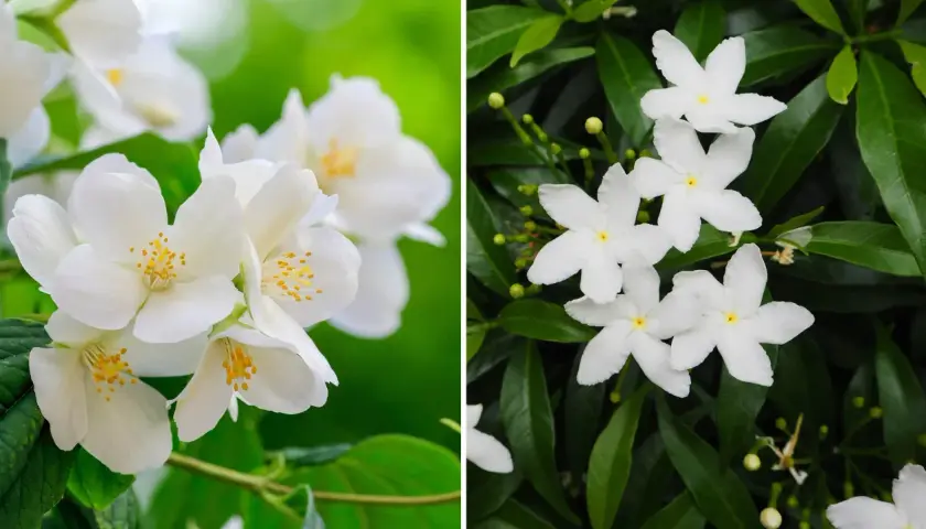 Två närbilder på vita blommor med gröna blad. Den vänstra sidan visar en klunga av jasminblommor med gula ståndare. Den högra sidan visar stjärnformade blommor med mörkgröna blad. Doft jasmin sprider sin ljuvliga doft.