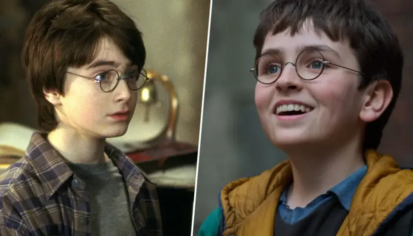 Dwa ujęcia młodego Harry'ego Pottera z serialu "Harry Potter". Po lewej Daniel Radcliffe w roli głównej, po prawej inny aktor wcielający się w postać.