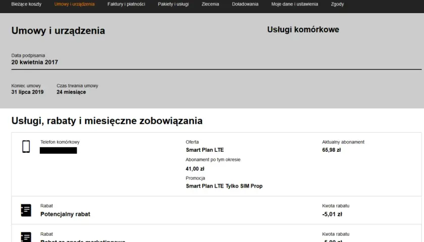 Szczegóły umowy Orange: data podpisania 20.04.2017, koniec umowy 31.07.2019. Sprawdź, jak uniknąć kary za zerwanie umowy.