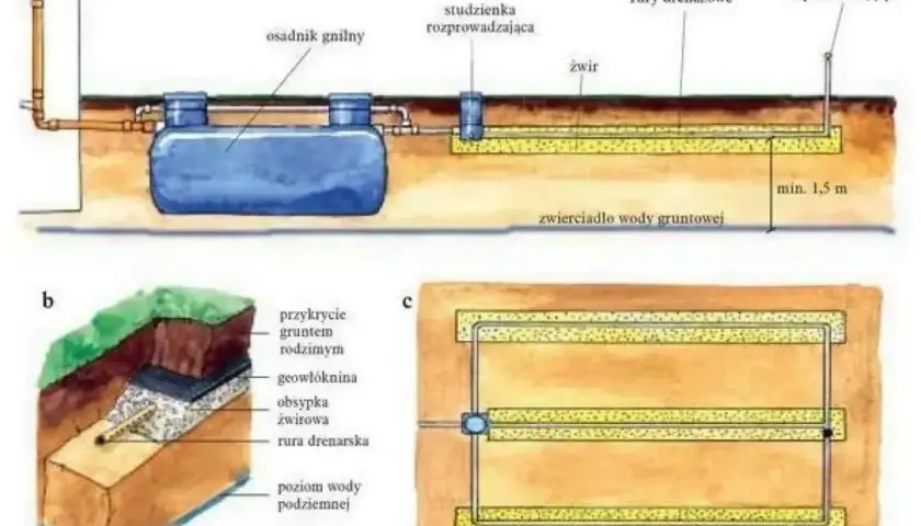 Schemat drenażu rozsączającego. Rury drenażowe ułożone są na głębokości min. 1,5 m poniżej zwierciadła wody gruntowej.